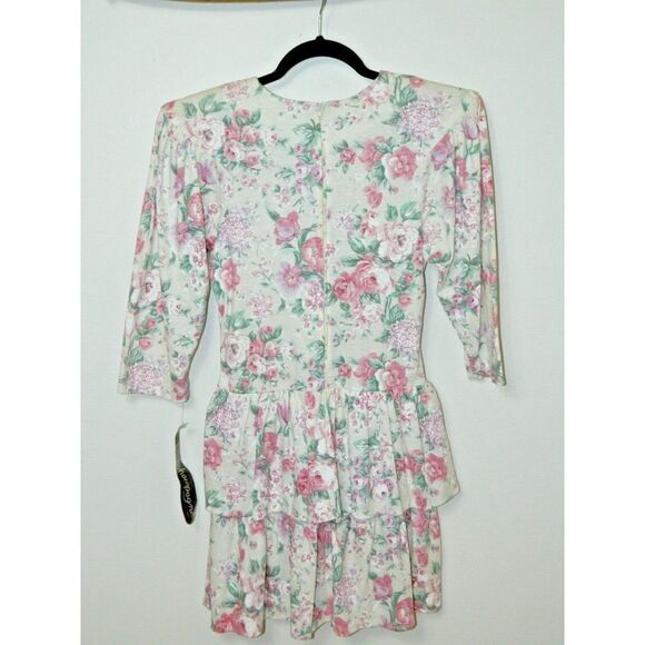 Champagne West Dress Size 3/4‎ Vintage 80s  Ivory Pink Floral Tier Skater Mini - Picture 2 of 12